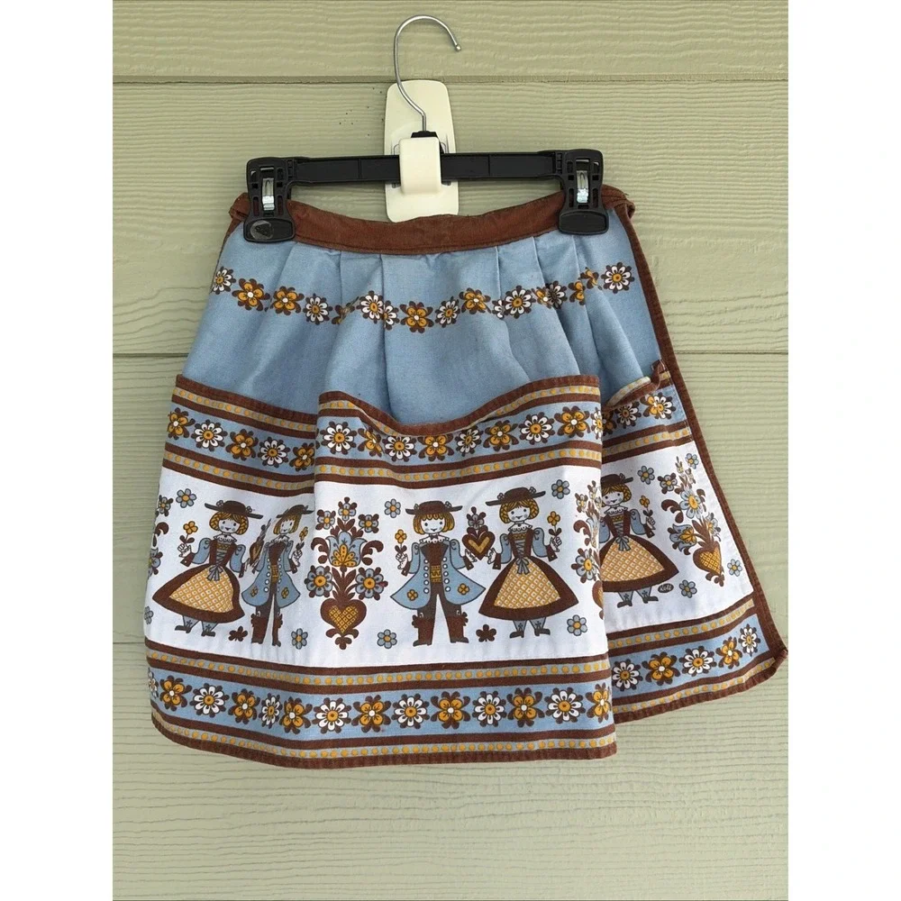 Made in Austria Bavarian Folk Art Blue/Brown Floral Half Apron Pockets Tie Waist